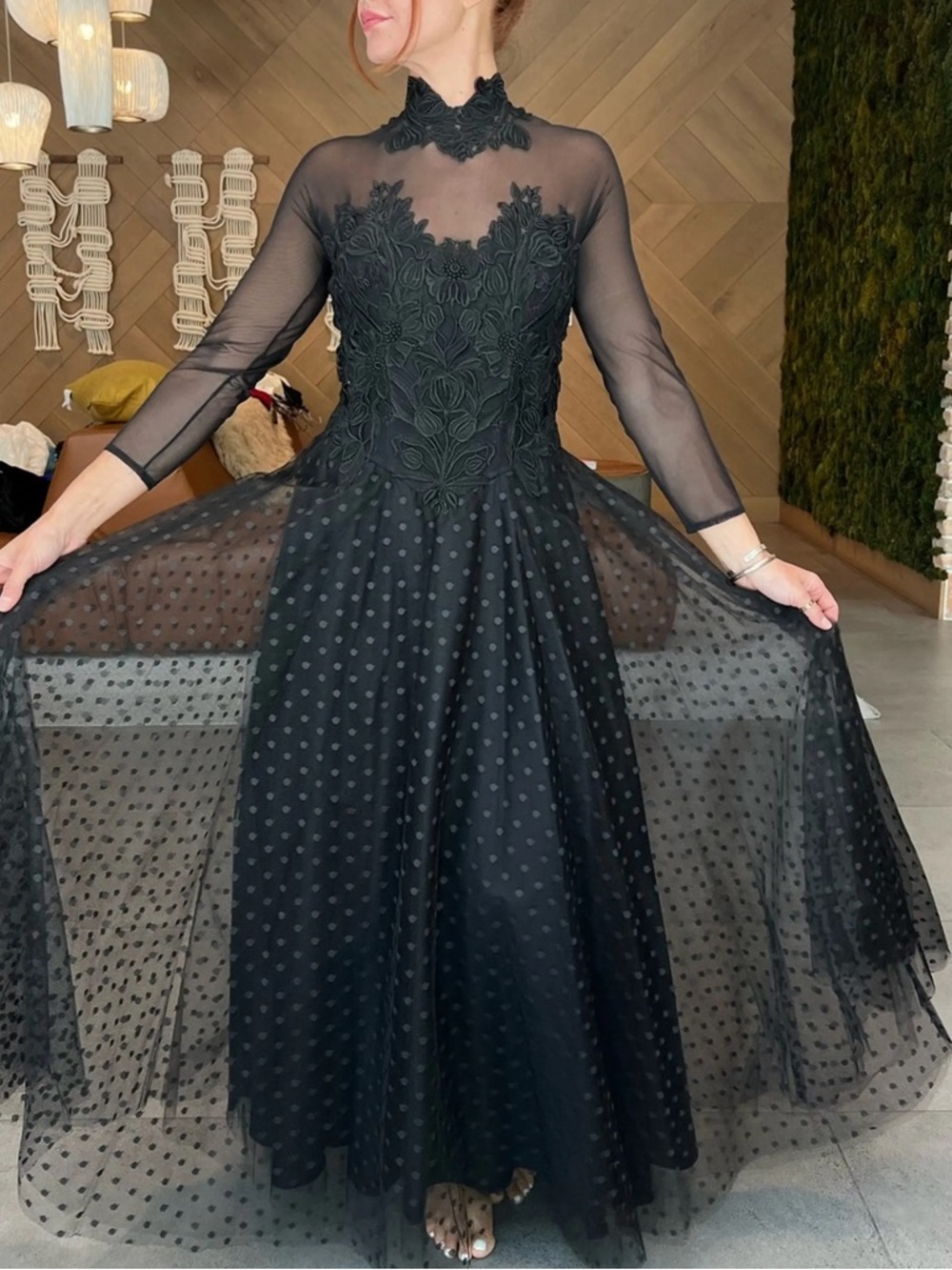 Tadashi Vintage 80s 90s Floral Applique Polka Dot Mesh Evening Dress Gown Sz Sm